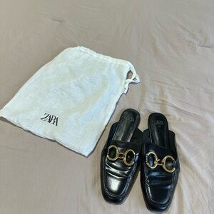 Zara Black Loafers with Gold Buckles (women size 8)